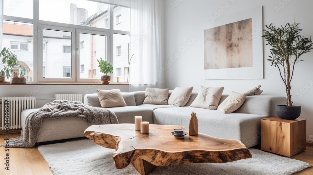 Pokój gościnny w skandynawskim stylu z kanapą narożnikową, drewniane meble dużo światła. - obrazy, fototapety, plakaty 