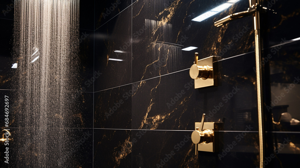 Luksusowa nowoczesna łazienka w złotym i czarnym kolorze. Kabina prysznicowa - obrazy, fototapety, plakaty 