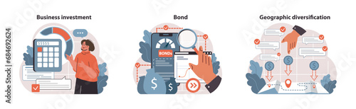 Investment strategies set. Calculating profit in business, digital bond tracking, diversifying assets geographically. Business investment, bond, geographic diversification. Flat vector illustration