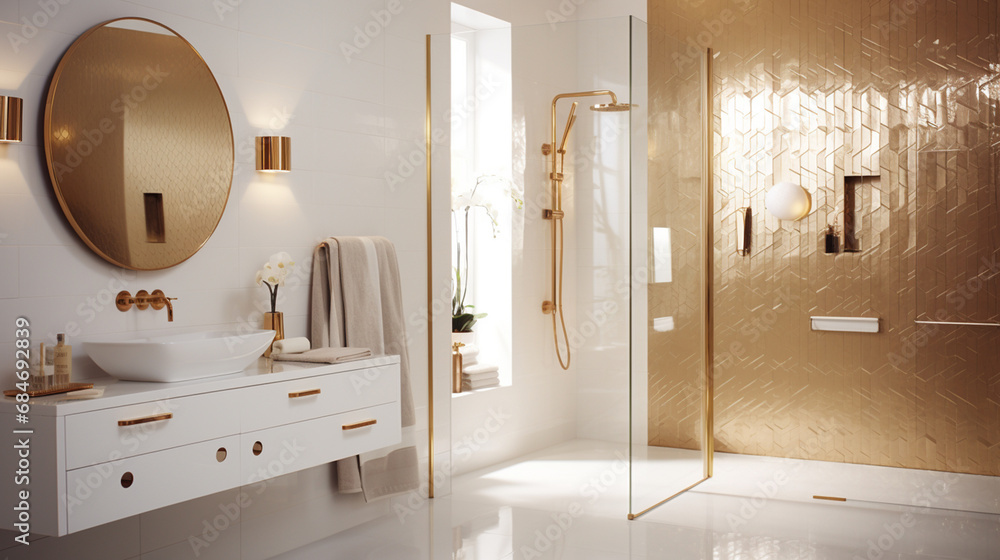Luksusowa nowoczesna łazienka w złotym i białym kolorze. Kabina prysznicowa - obrazy, fototapety, plakaty 