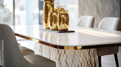 stół w jadalni w złotym i białym kolorze, przybliżone detale