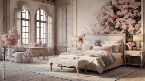 Sypialnia w kolorach pudrowego różu z kwiatami, duże dwuosobowe łózko, przestrzeń
