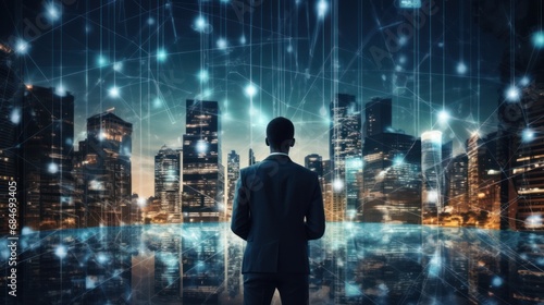business man and the big data wireless 5G connecting, futuristic, technology, city, digital, internet, communication, success, network, innovation, online © Space_Background
