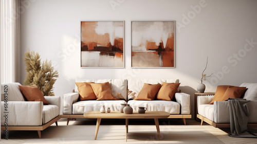 Przytulny projekt pokoju go  cinnego z kanap   i obrazami w dziennym   wietle  proste minimalistyczne kolory