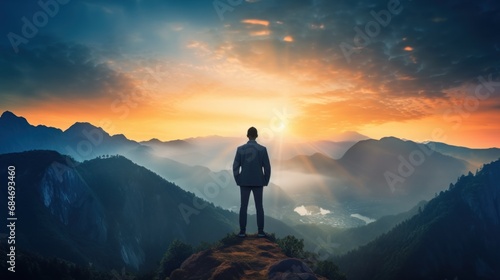 business male stand and feel happy on the most hight on the mountain, hiking, success, cliff, peak, business, success, successful, goal, victory, achievement, motivation, . photo