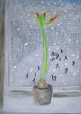  Football players on snowy football pitch fine art illustration. View from the window on snowfall. Bulbous plant on windowsill. Thermal insulation concept.
