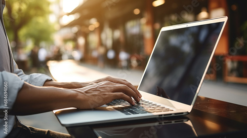 Mężczyzna pracuje zdalnie na laptopie w miejscu publicznym, kawiarnia w centrum miasta