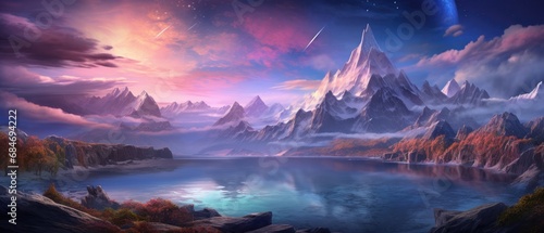 Fantasy landscape with majestic mountains and luminous evening sky. Dreamy nature scenery. © Postproduction