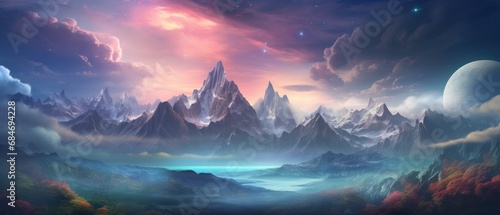 Fantasy landscape with mountains  lakes  and planets. Dreamy scenic background.
