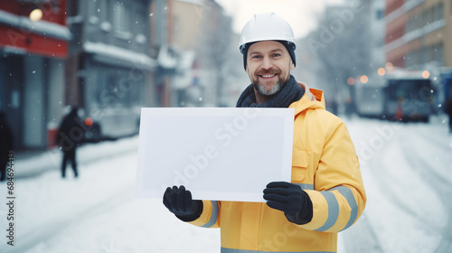 pracownik w kamizelce odblaskowej w kasku trzyma pusty biały karton do wklejenia treści