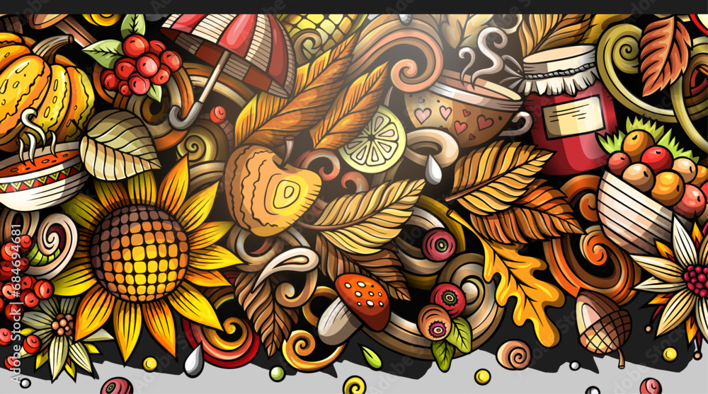 Cartoon cute colorful doodles Fall season banner