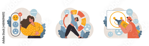 Emotion selection concept. Choosing positivity over negativity. Happiness shines, while anger dims. Joyful interactions. Expressing cheerful sentiments. Flat vector illustration