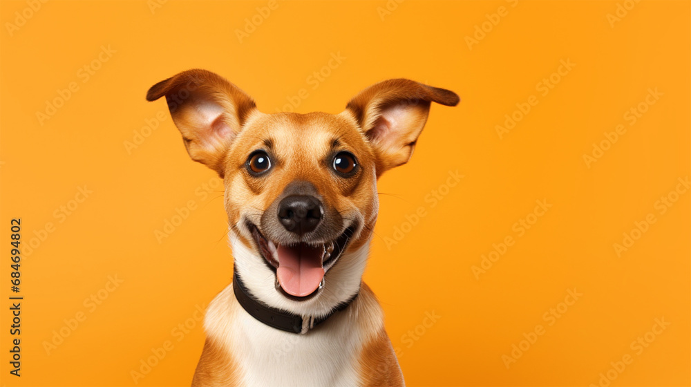 Happy Dog portrait on isolated yellow background - ai generative