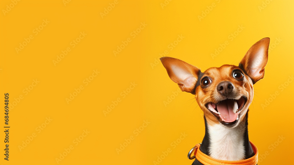 Happy Dog portrait on isolated yellow background - ai generative