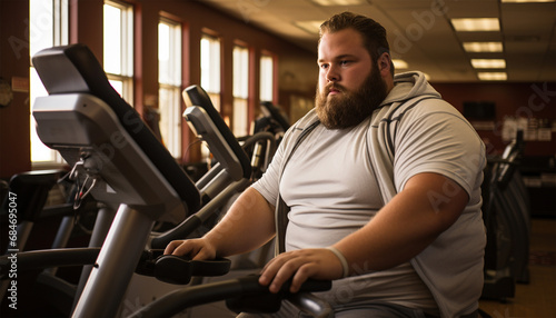 Fat young men with fitness trainer exercising at the gym while using fitness equipment. Overweight man trying to reduce weight. Obese man doing fitness exercises.