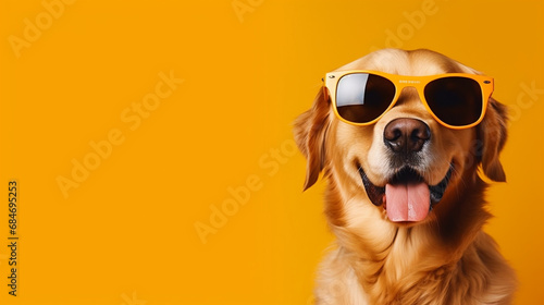 Cool Dog portrait on isolated yellow background with copy text space - ai generative
