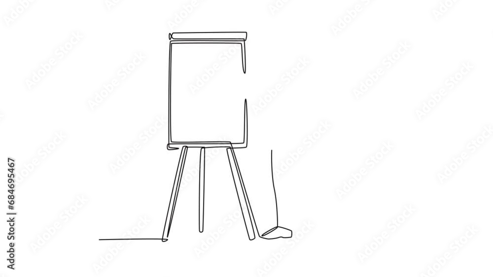 Self drawing animation of single line draw young presenter explaining business strategy during team meeting. Effective training presentation for work office. Continuous line draw. Full length animated Self drawing animation of single line draw young presenter explaining business strategy during team meeting. Effective training presentation for work office. Continuous line draw. Full length animated