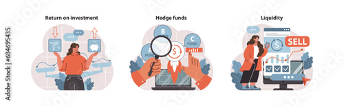 Investment insights set. Analyzing return on investment, understanding hedge funds, managing liquidity. Decision-making, risk evaluation, financial strategies. Flat vector illustration photo