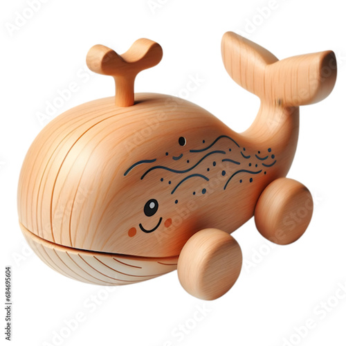 Wooden Whale Toy Illustration Art with a Transparent Background Generative AI.
