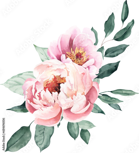 Watercolor Bouquet with Peonies and Leaves