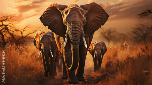 a large group of elephants are walking across the grassland at sunset
