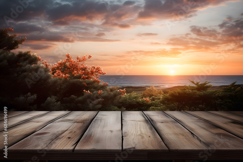 A wooden table for displaying products with a background of a sunset view. Ai generate.