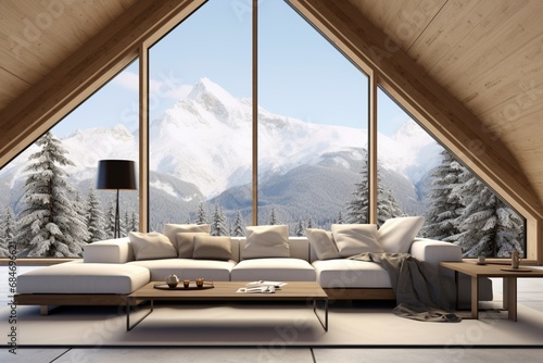 Corner sofa in room with wooden lining paneling wall and ceiling panoramic window with great winter snow mountain landscape view