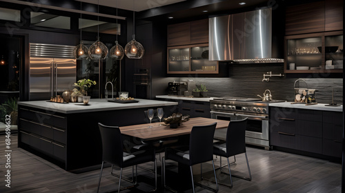 The interior of the modern kitchen uses black tones that give a feeling of privacy and coolness. Ai generate. © MOUNTAIN