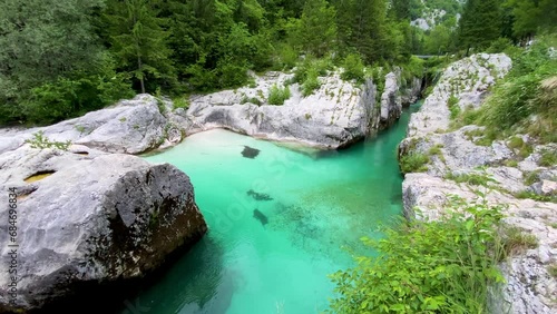 Amazing  Soca river gorge in Slovenian Alps. Great Soca Gorge (Velika korita Soce), Triglav National park, Slovenia. Great canyon of Soca river, Bovec, Slovenia. Soca Gorge in Triglav National Park. photo