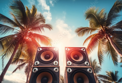 Boombox and tropical palm trees on a background of blue sky