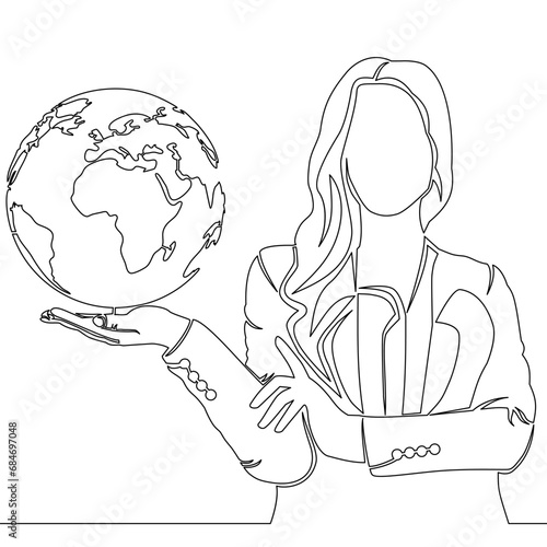 Continuous line drawing business woman holding globe planet Earth icon vector illustration concept