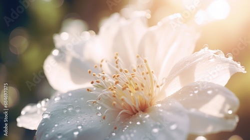 Close-up of dew-kissed white flower with soft sunlight. Nature and freshness.