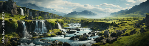 a waterfall surrounded by green grass and mountains