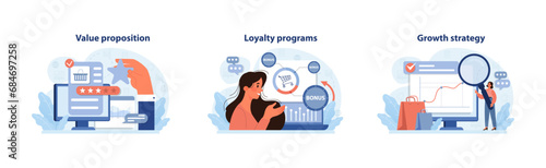 Business strategy set. Showcasing the online value proposition, benefits of loyalty programs, and the essentials of growth planning. Consumer engagement, earning trust, magnifying profits. Flat vector photo