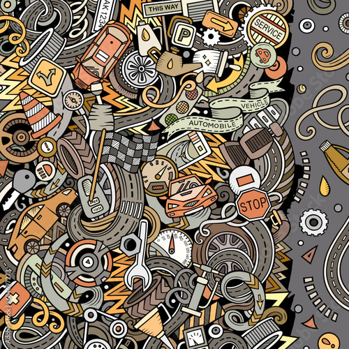 Cartoon cute doodles Vehicle frame card. Colorful detailed, with lots of objects background. All objects separate. Border with cars symbols and items