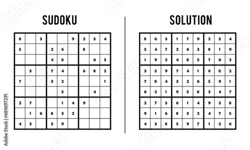 Sudoku Puzzles for Kids and Adults, Game With Solution, Magic Square. Logic puzzle game. Digital rebus photo