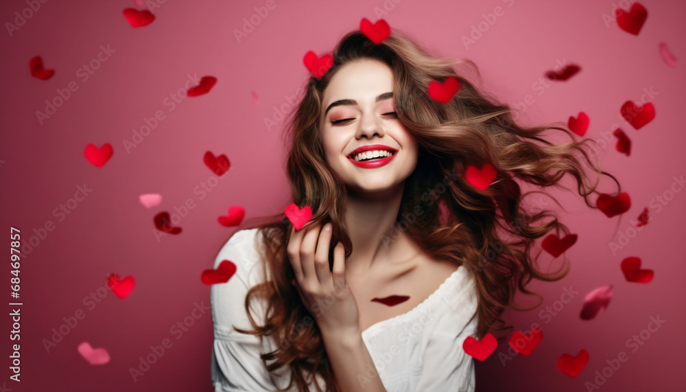 Girl with long hair on Valentine's Day. Exciting lady looks at fallen paper hearts and laughs.