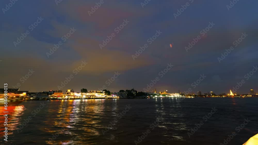 Timelapse pan of twilight cityscape over Chao Phraya River in Bangkok, Thailand Timelapse pan of twilight cityscape over Chao Phraya River in Bangkok, Thailand