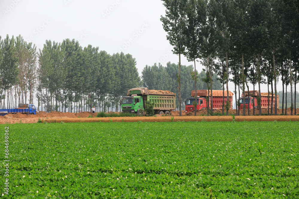 Heavy trucks passing by the farmland, North China