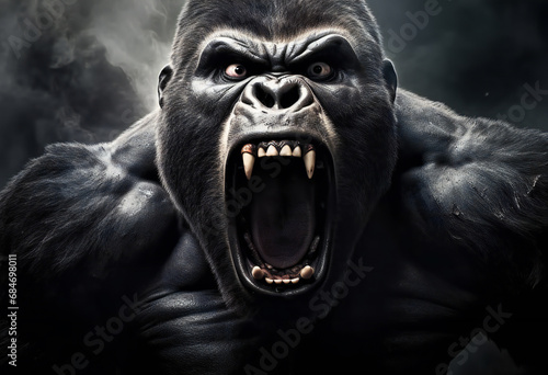 Close-up of a furious gorilla baring its teeth and glaring intensely in the wild