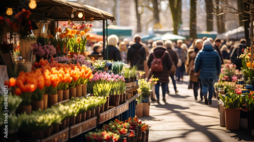 flowers in the market, Market Melodies The Lively Tunes of a Farmers Market., Autumn farmers Market with picturesque stalls, capturing the vibrancy of an autumn vegetables and harvest. Banner.
 photo