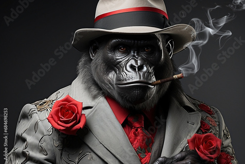 portrait of gorilla wearing stylish clothes in 1920s style roaring smoking a cigar in front of a neutral background