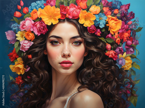 portrait of a woman with flowers hair décor in concept of book cover page 