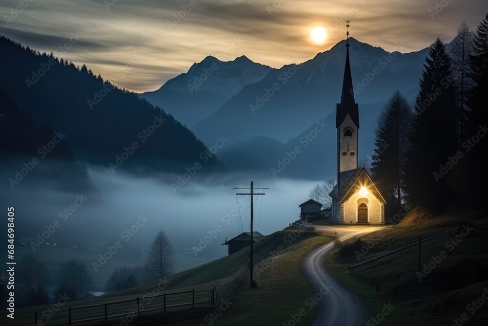 Twilight over a tranquil mountain church with illuminated windows, winding road, and misty backdrop.