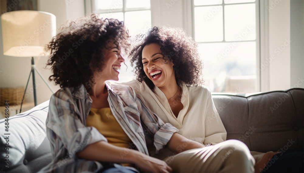 Two happy multi ethnic pretty diverse young girls friends laughing and embracing together at home. Diverse girlfriends sitting together on the sofa. Love and hug Two happy multi ethnic pretty diverse young girls friends laughing and embracing together at home. Diverse girlfriends sitting together on the sofa. Love and hug