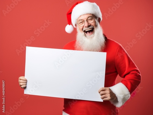 Cheerful Santa Claus captured in a moment of laughter, holding a blank paper © Francesco