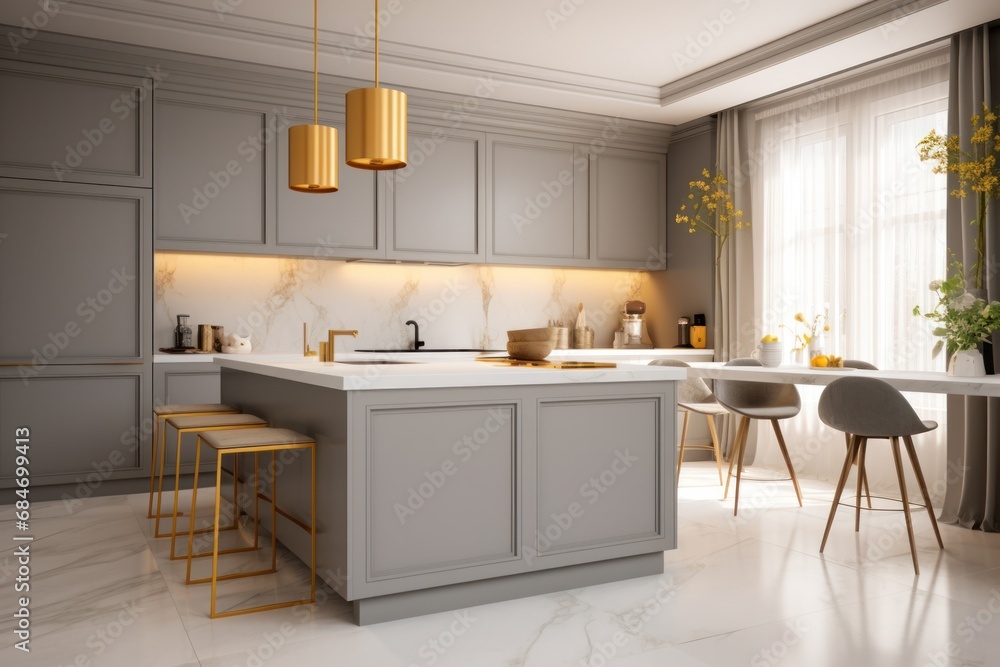 Fototapeta premium Modern and contemporary kitchen design with LED and sleek design. Details of interior design, generative ai, render 3d