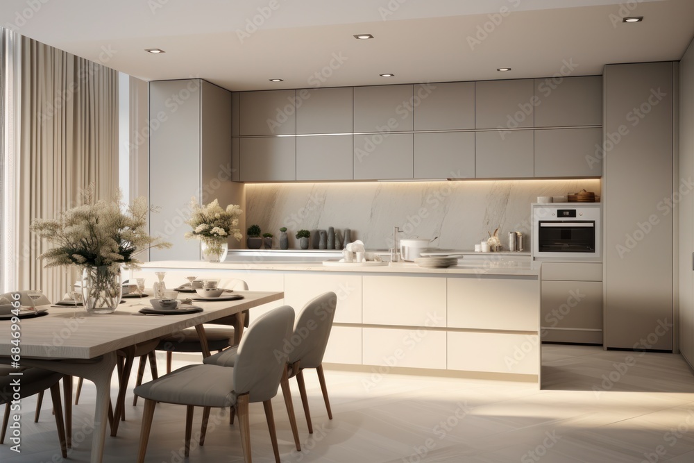 Modern and contemporary kitchen design with LED and sleek design. Details of interior design, generative ai, render 3d