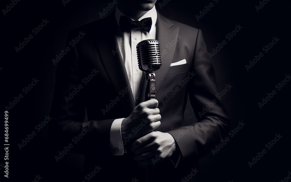 old fashioned male singer Man in a suit holding an antique microphone on a black background - obrazy, fototapety, plakaty 
