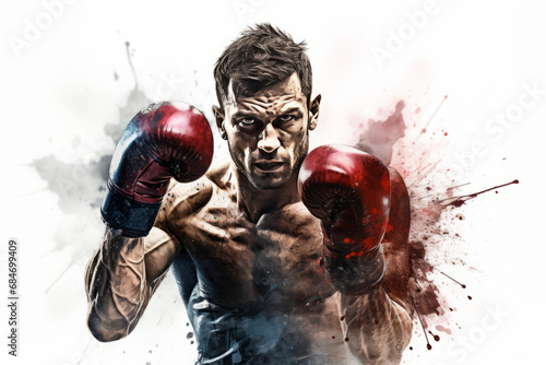  illustration of boxer with an aggressive look in boxing gloves on white background with splashes © zamuruev